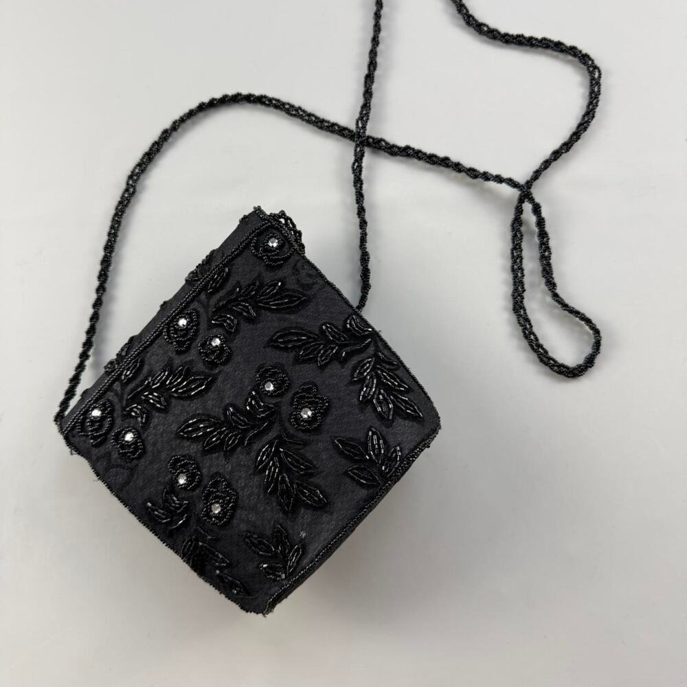 Vintage Black Beaded Mini Evening Bag Floral Satin Clutch Crossbody - Picture 2 of 8